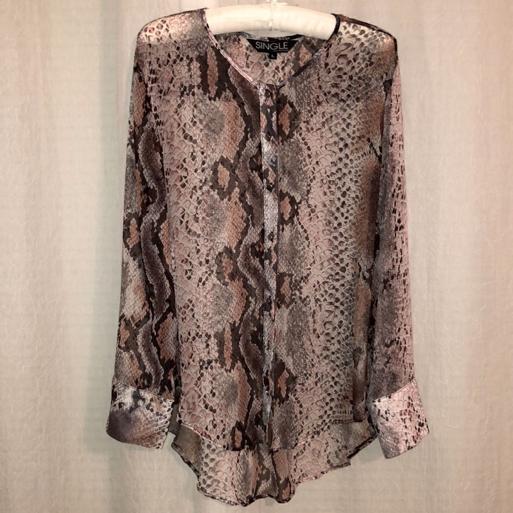 Single LA L Python Snake Print Ivory Blush Pink Brown Long Sleeve Sheer Blouse